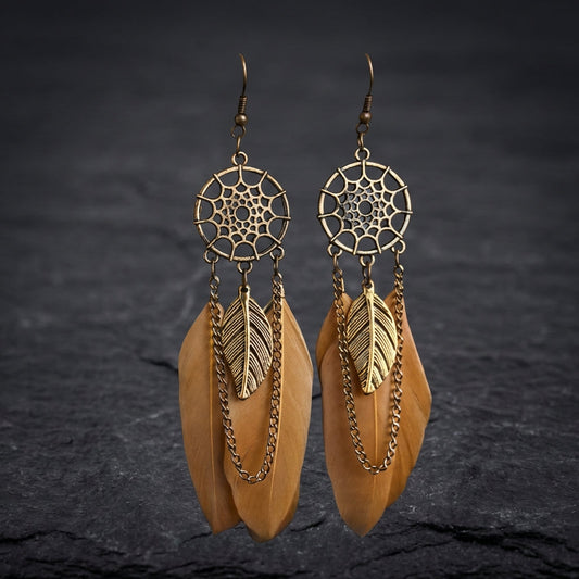 Bohemian Dream Catcher Feather Long Earrings