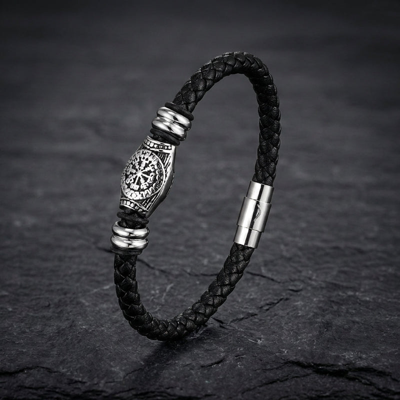 Braided Black Viking Compass Leather Bracelet