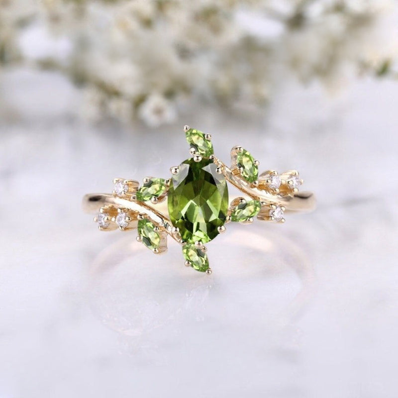 Olive Crystal 14K Gold Ring