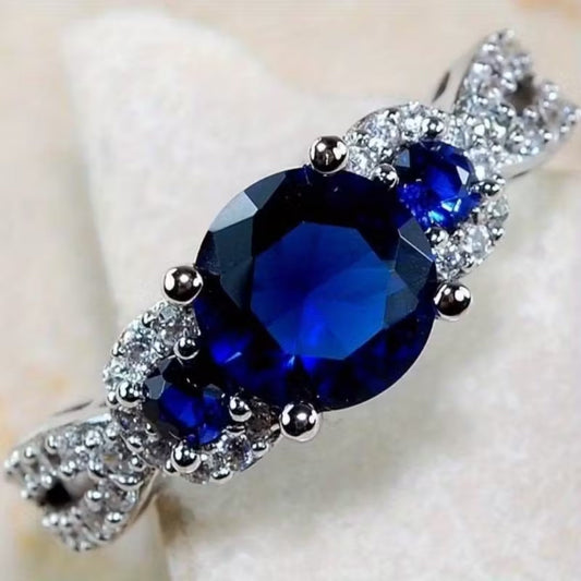 Rounded Blue Silver Crystalline Ring