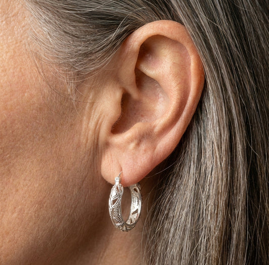 Hollow Carved Silver Hoop Earrings