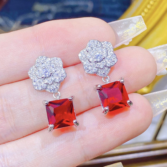Elegant Ruby Flower Earrings