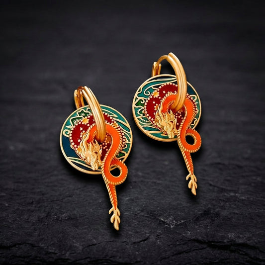Classic Gold Colorful Dragon & Flame Design Earrings