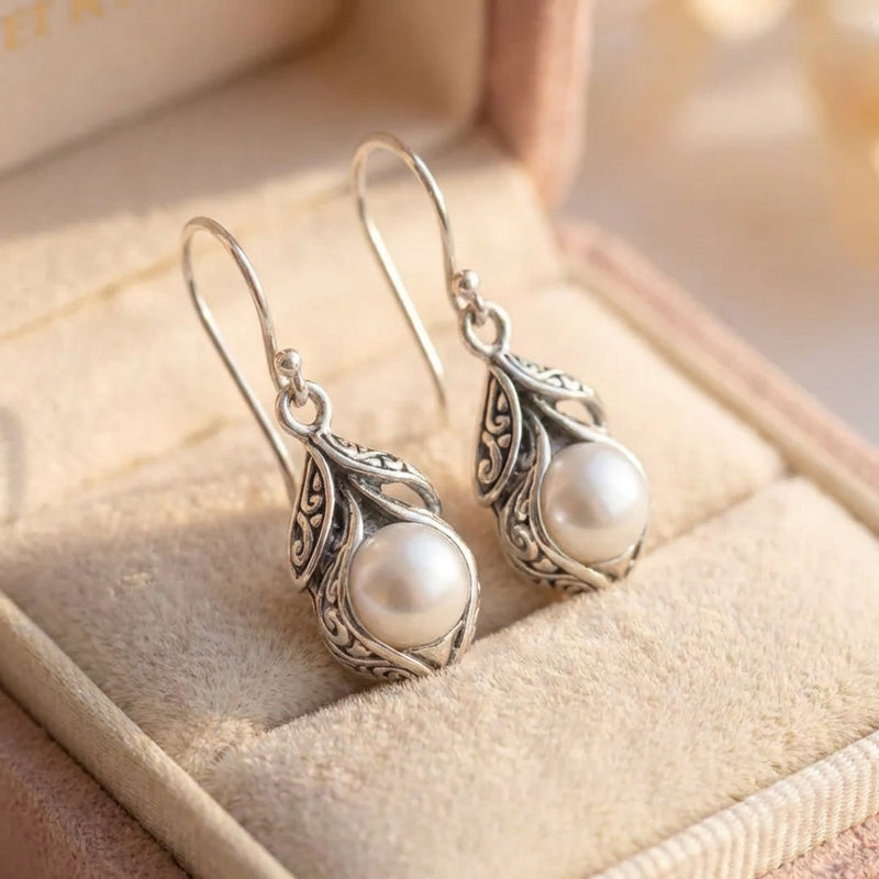 Vintage Dangling Pearl Silver Earrings