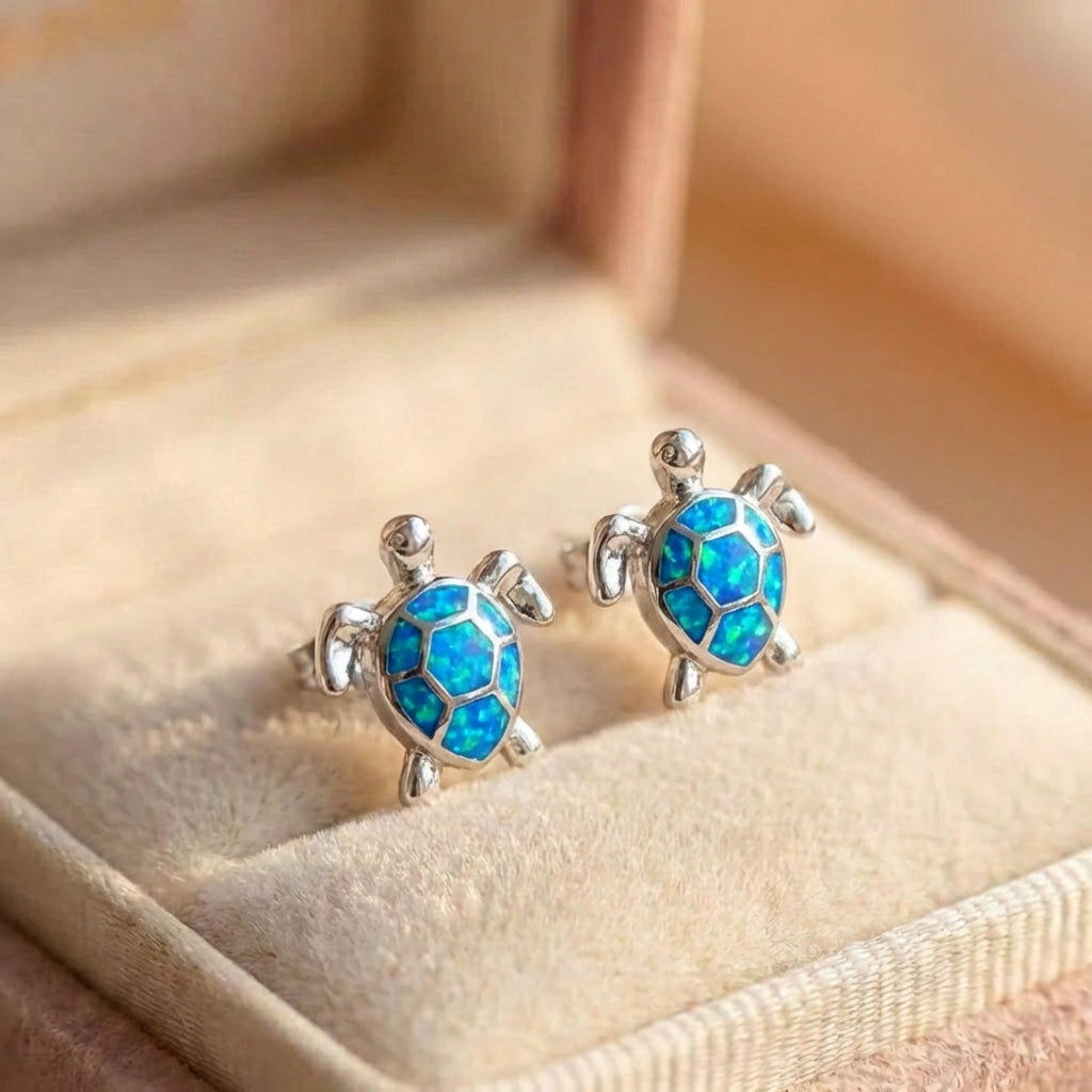 Sea Turtle Necklace + Earrings Set In Opal And Silver Sustainable Ocean Inspired Jewelry