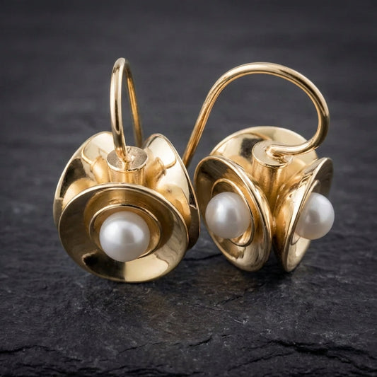 Vintage Golden Inlaid Pearl Blossom Earrings