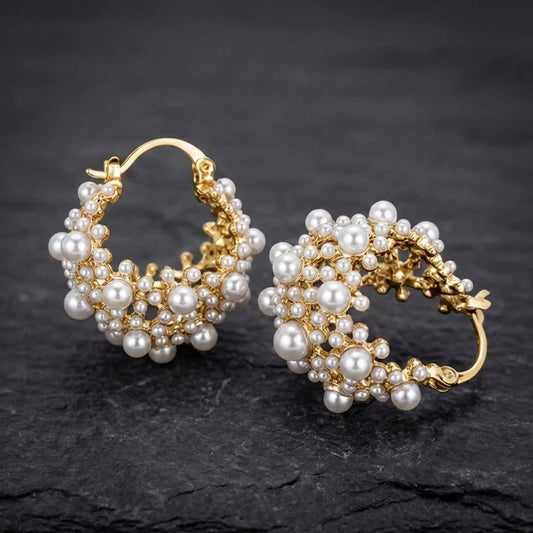 Vintage Gold Pearl Cluster Design Hoop Earrings