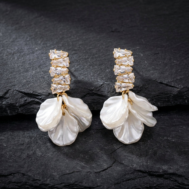 Elegant Gold Petal Earrings In White