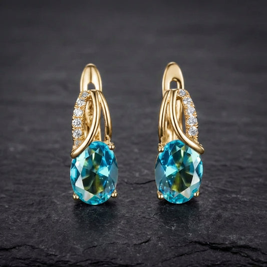 Aqua Blue Zircon Oval Stone Earrings
