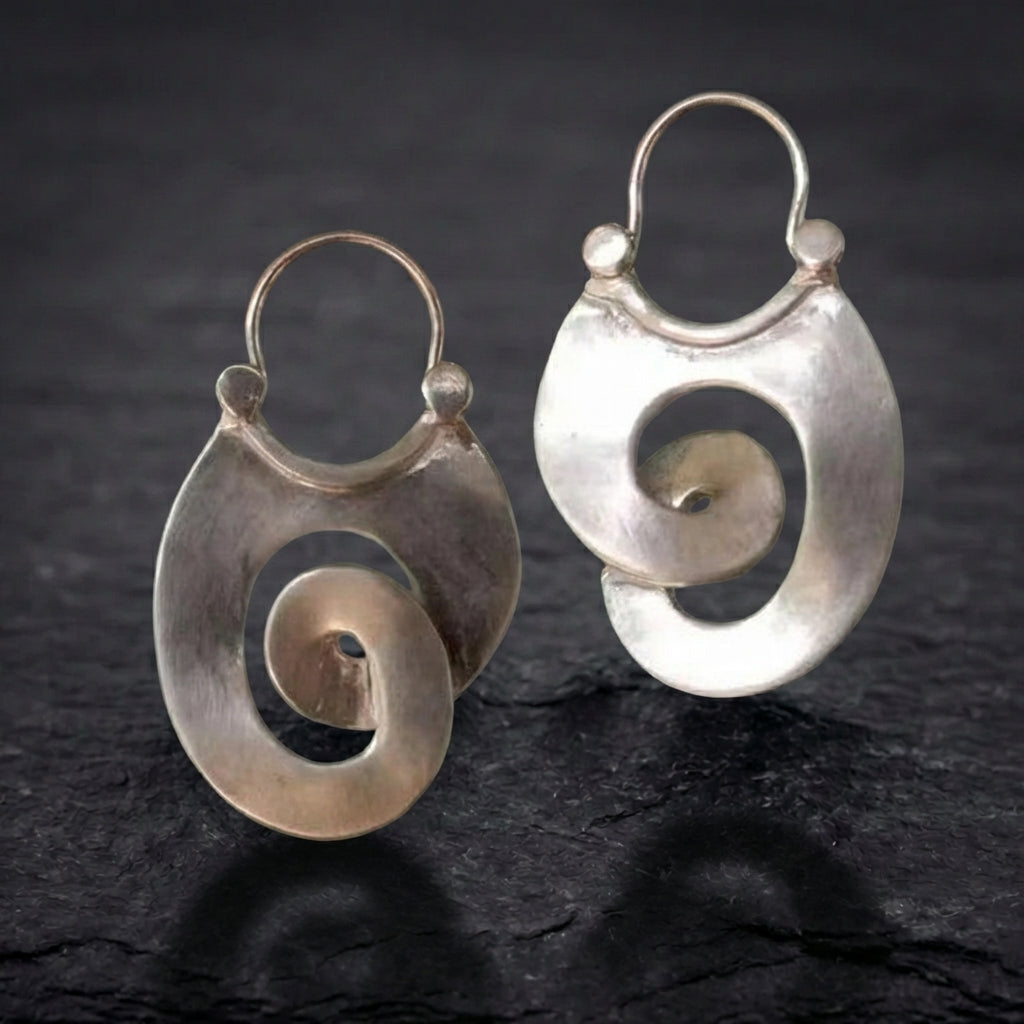Vintage Gypsy Curl Silver Hoop Earrings