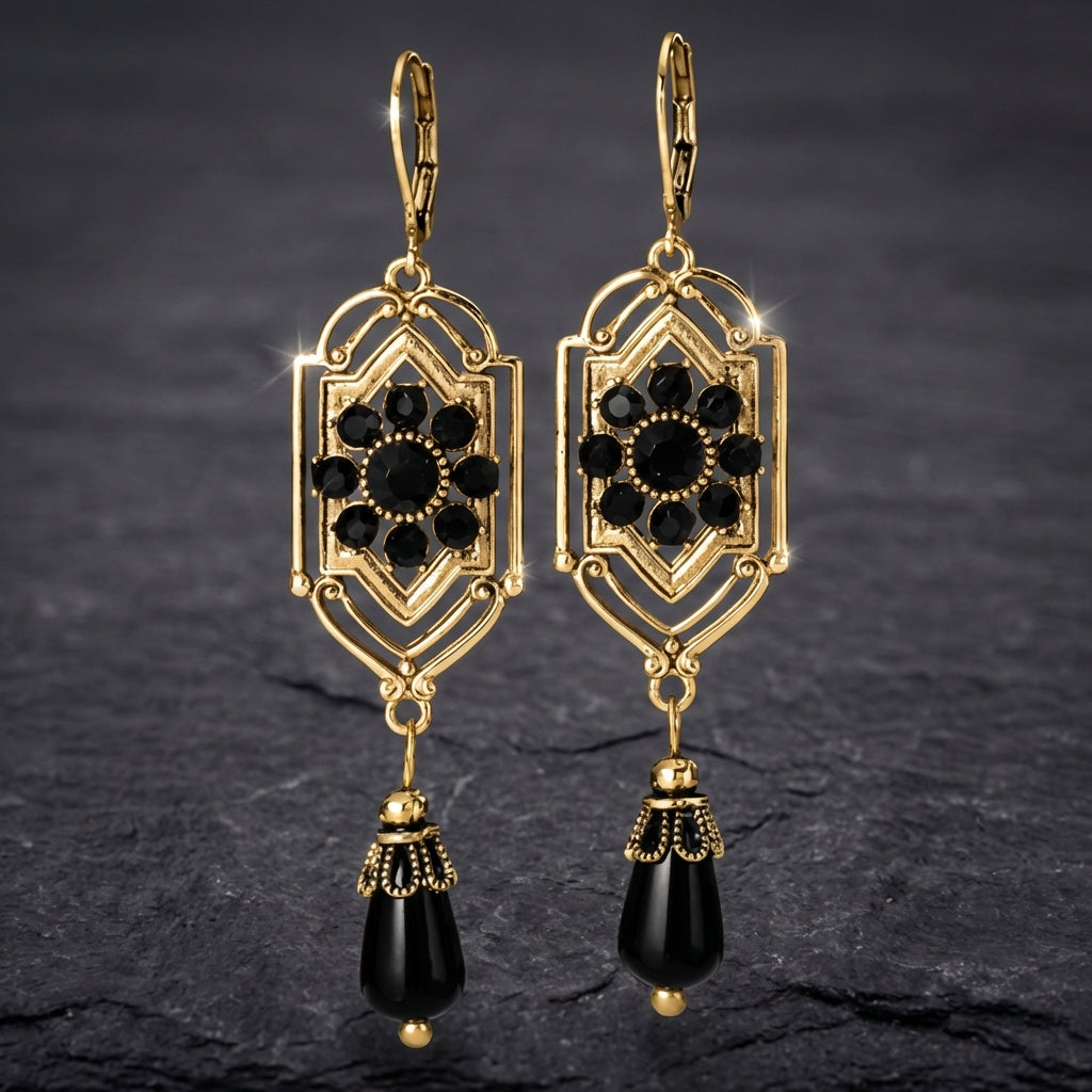 Regal Pearl Black Waterdrop Stone Earrings