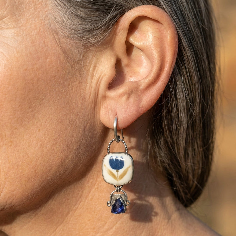 Flower Carving Blue Stone Dangle Silver Earrings