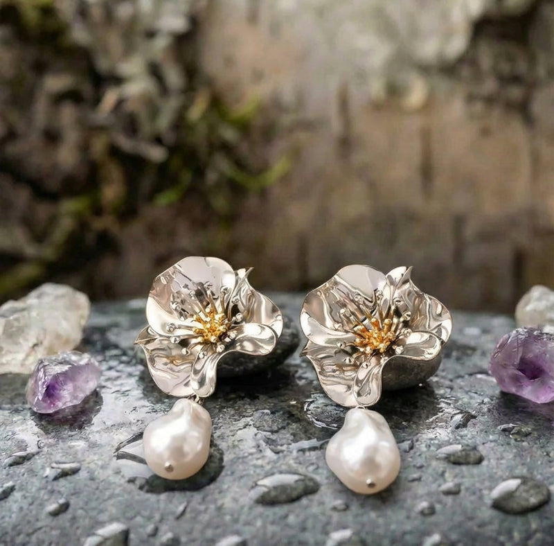Vintage Silver Flower Pearl Earrings