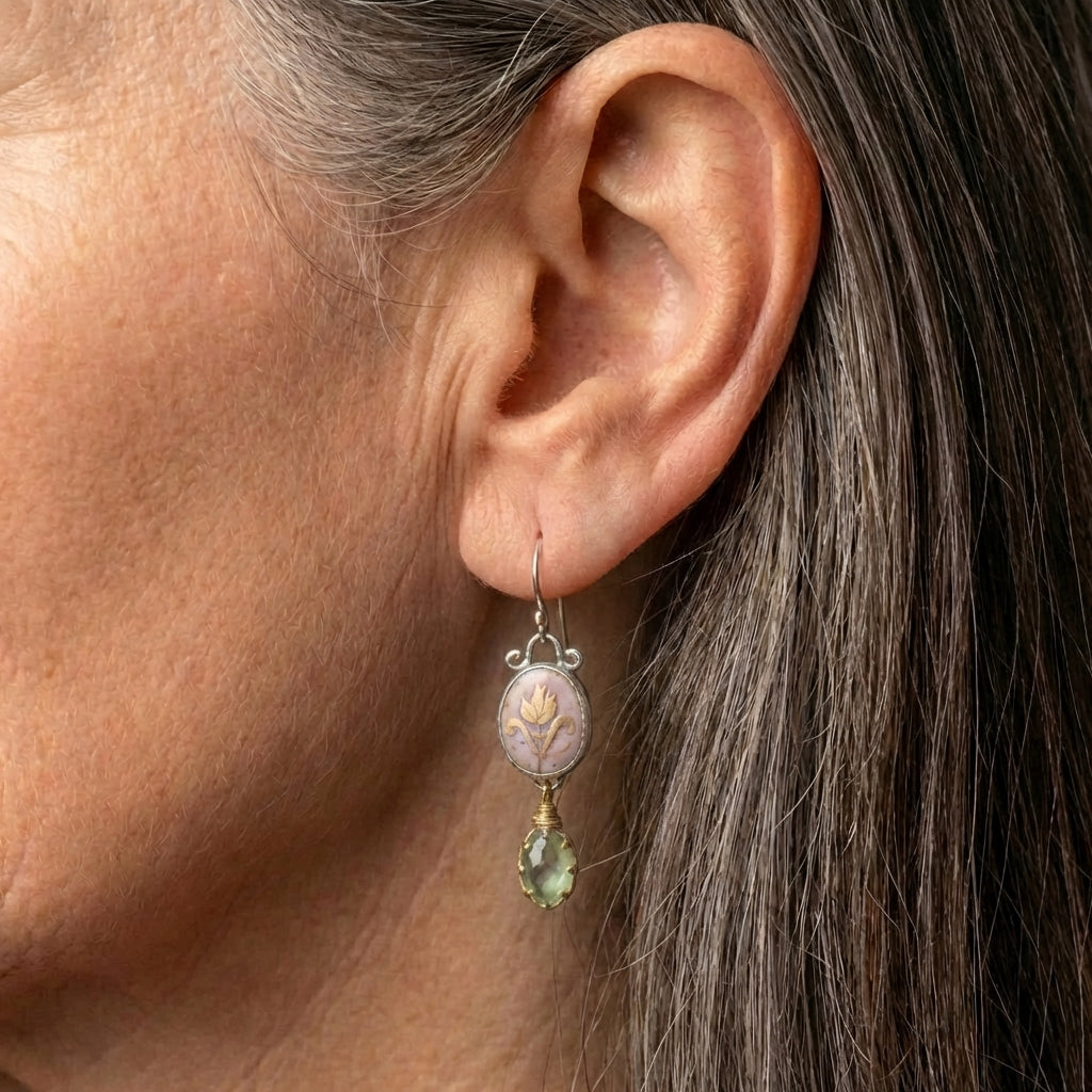 An Art Nouveau Inspired Gemstone & Enamel Earrings