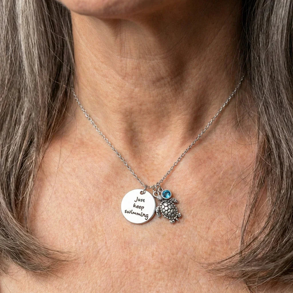 Keep Swimming Turtle Necklace in Silver Sustainable Ocean Inspired Jewelry