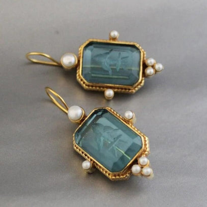 Vintage Blue Floral Engraved Gemstone Earrings