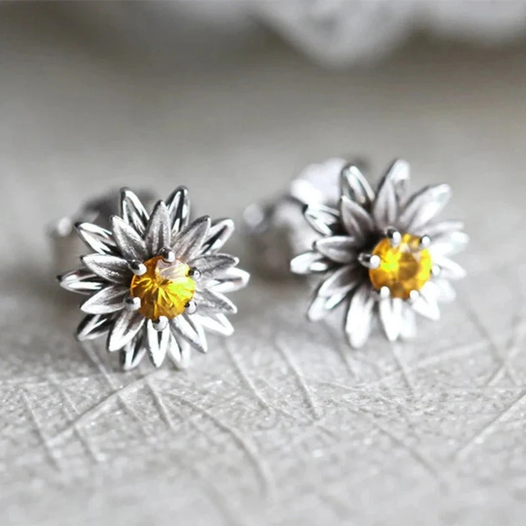 Orange Crystal Silvered Flower Earrings