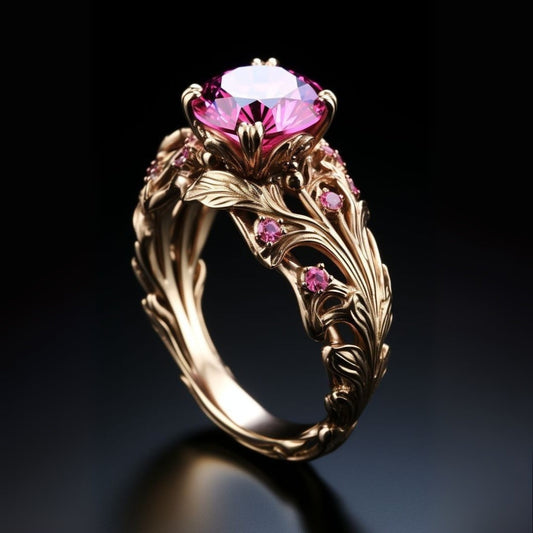 Exotic Pink Crystal Gold Leaf Ring