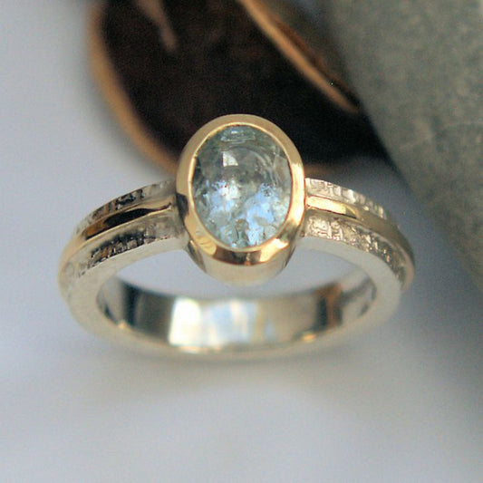 Rounded Blue Glassy Gold Ring