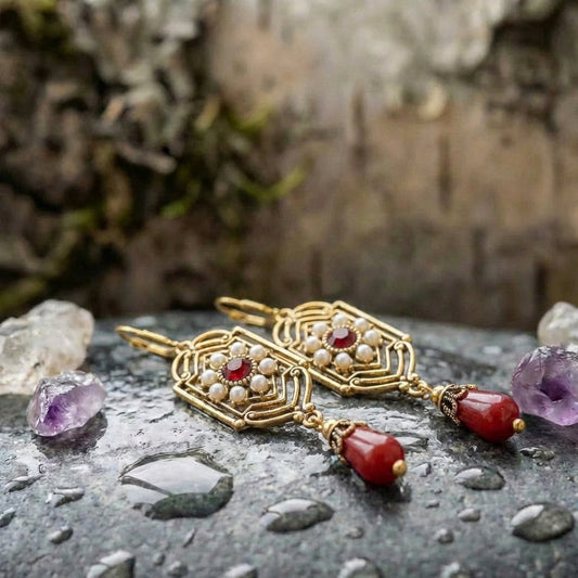 Regal Pearl Red Waterdrop Stone Earrings