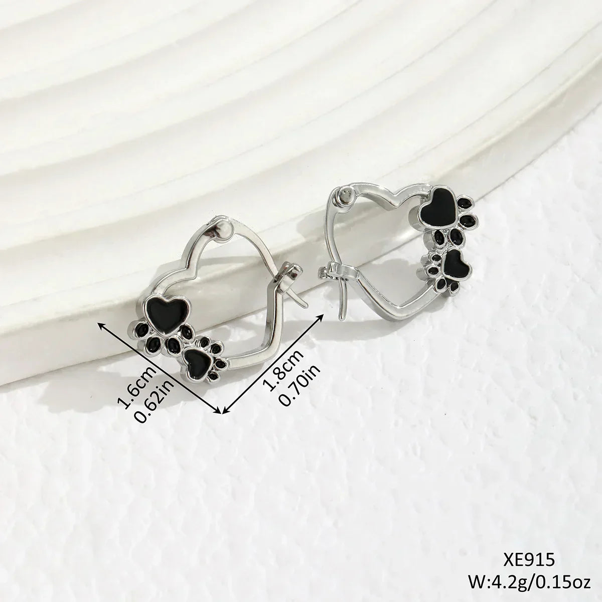 Heart Paw Huggie Earrings With Black Enamel
