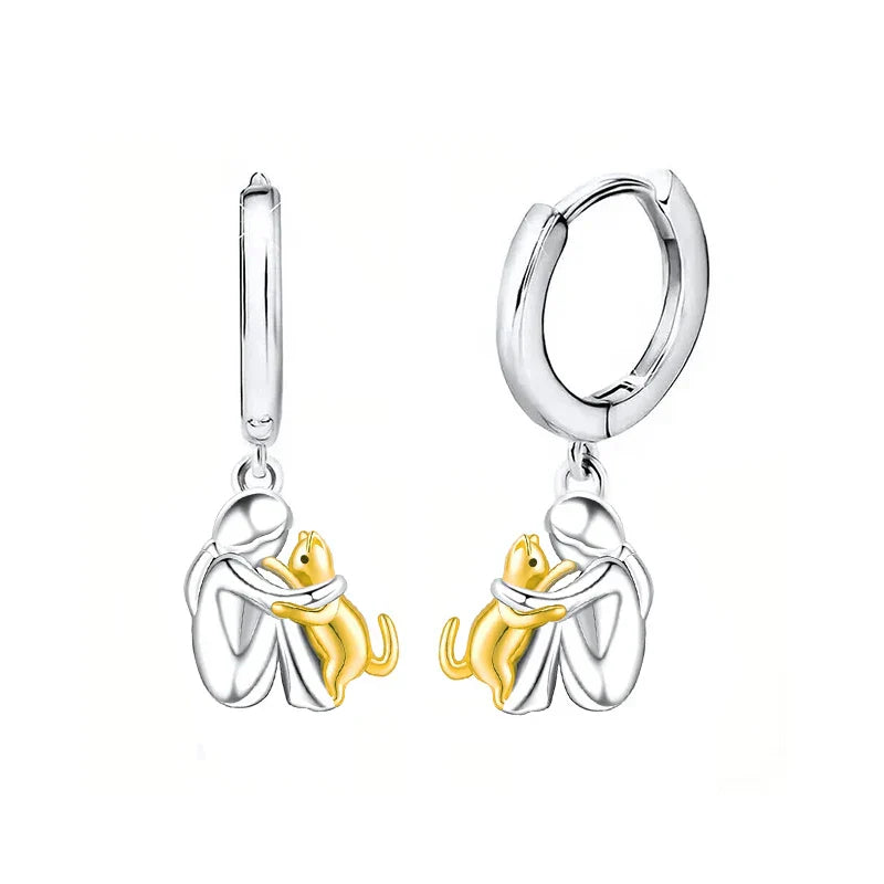 Silver And Gold Two-Tone Cat Hug Earrings