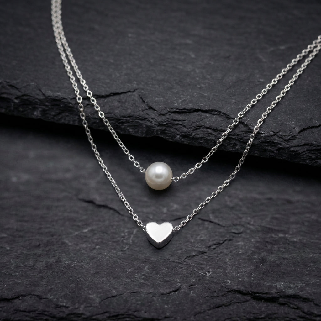 Silver Heart And Pearl Necklace