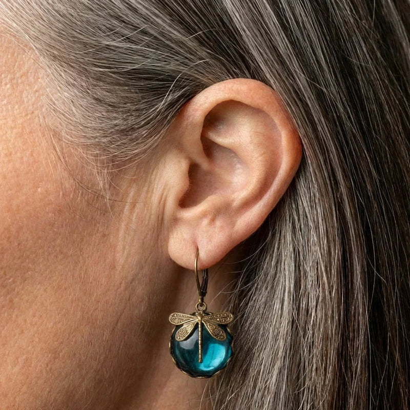A Spherical Dragonfly Earrings in Antique Gold