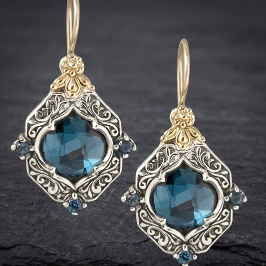 Vintage Blue Crystal Gold Earrings
