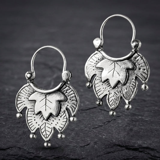 Vintage Carving Leaf Silver Earrings