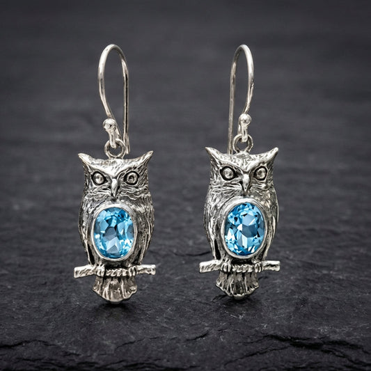 Vintage Carving Owl Silver Earrings