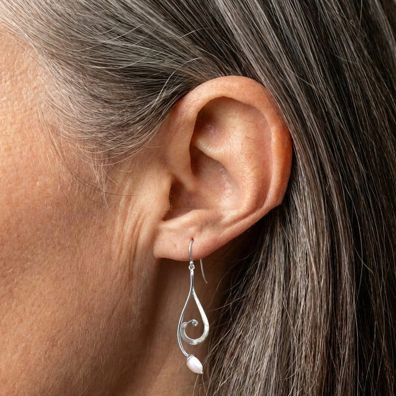 Dangling Spiral Pearl Silver Earrings