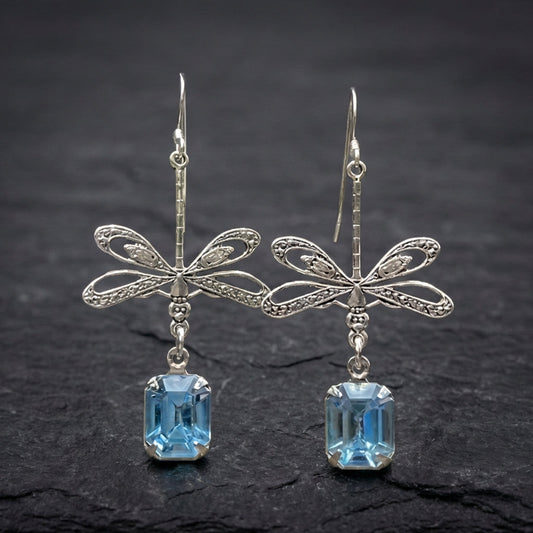 Vintage Dragonfly Blue Stone Dangle Earrings