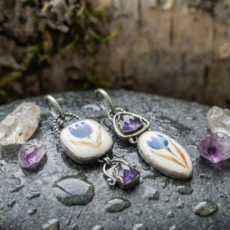Vintage Flower Carving Blue Stone Dangle Silver Earrings