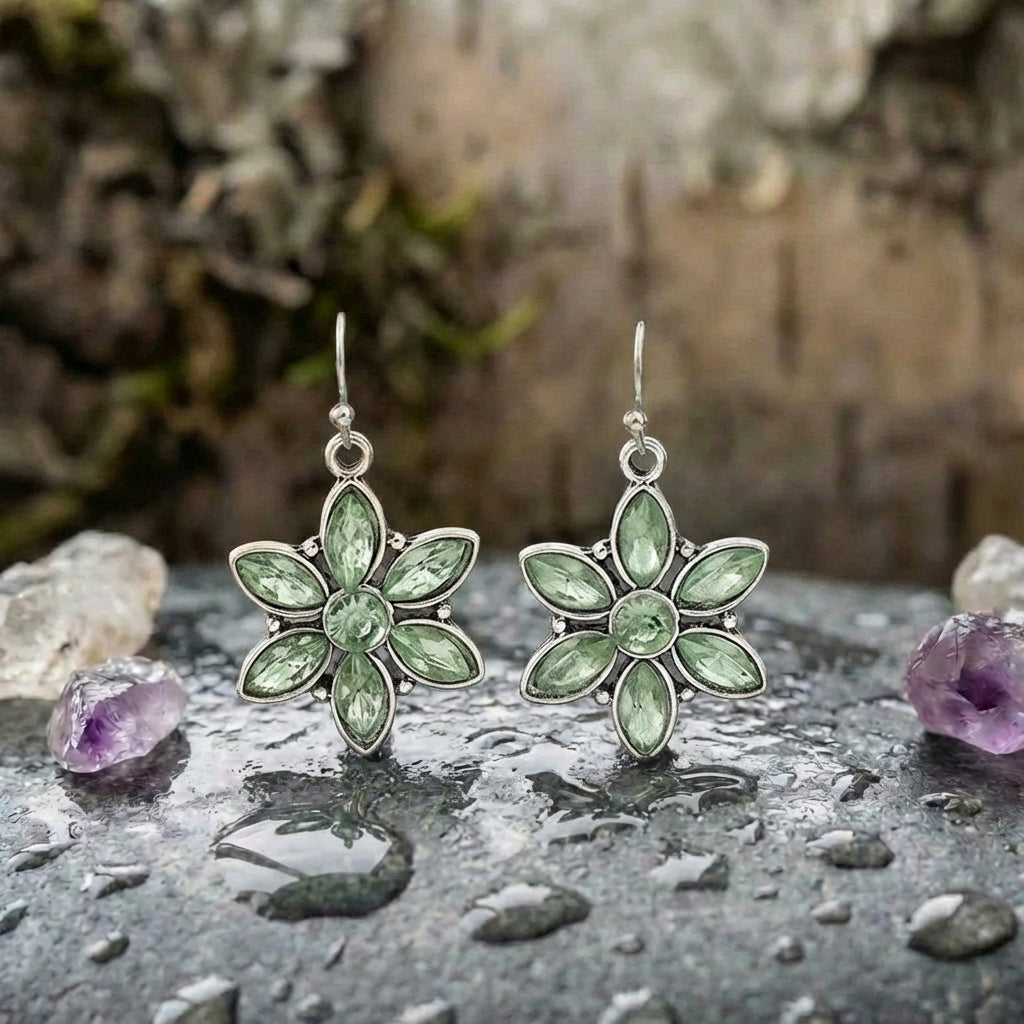 Vintage Green Stone Flower Earrings