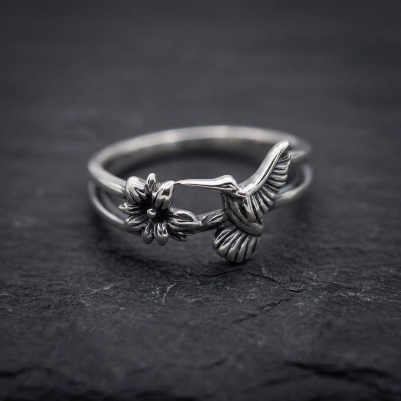Vintage Hummingbird Flower Silver Ring