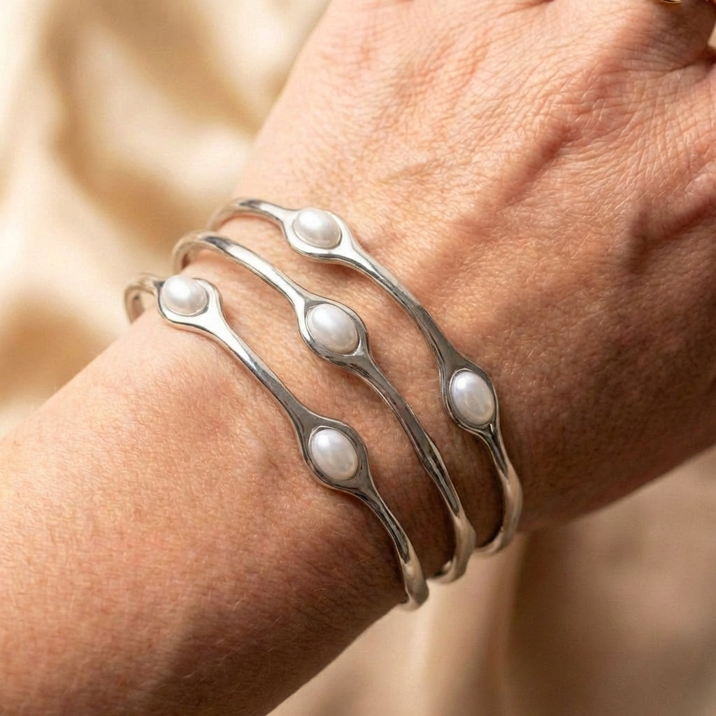 Layered Silver Pearl Bangle Bracelet