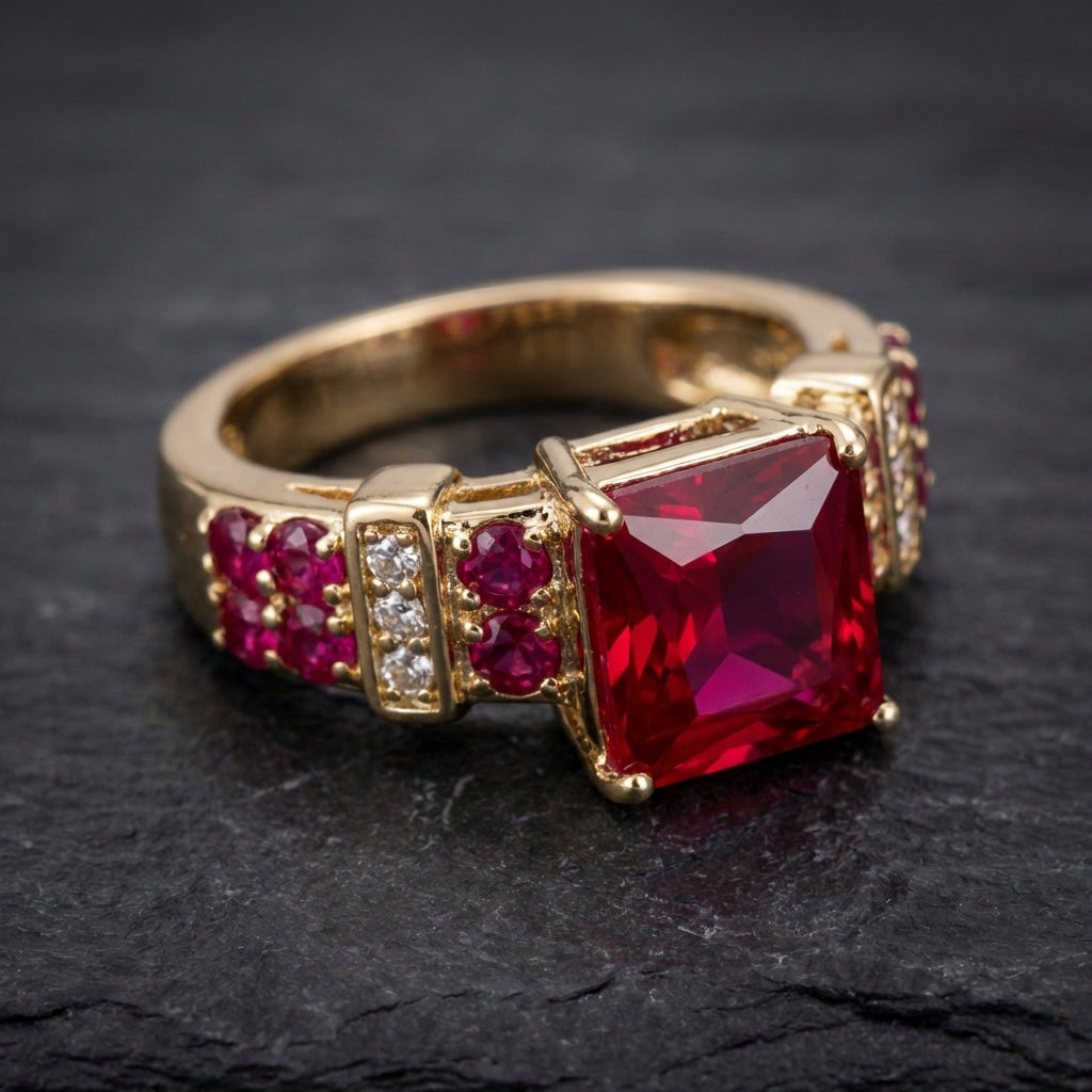 Vintage Red Crystal And Gold Ring