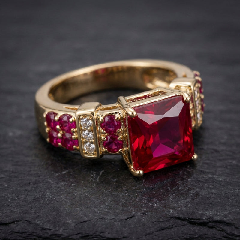 Vintage Red Crystal And Gold Ring