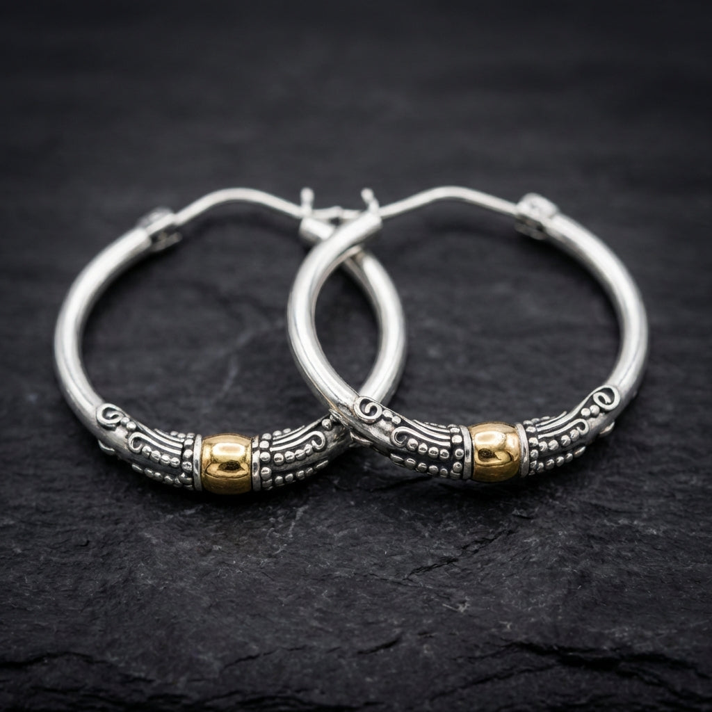 Vintage Silver Carved Pattern Hoop Earrings