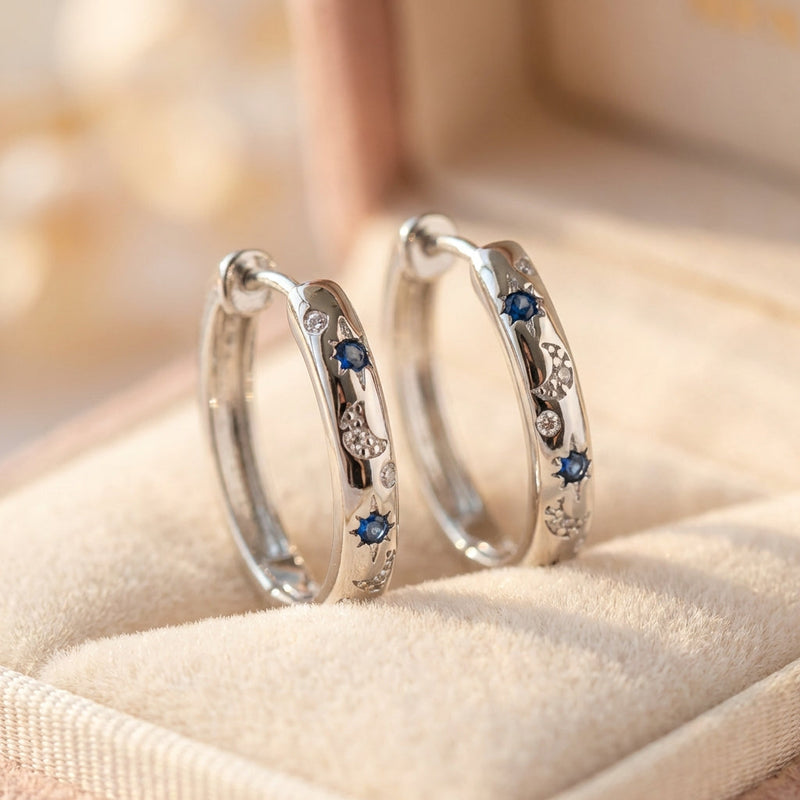 Vintage Silver Carving Sun And Moon Hoop Earrings