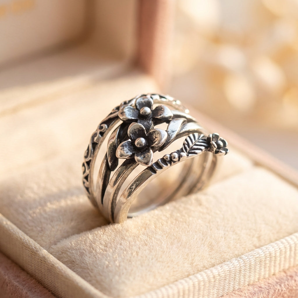Vintage Silver Flower Layered Ring