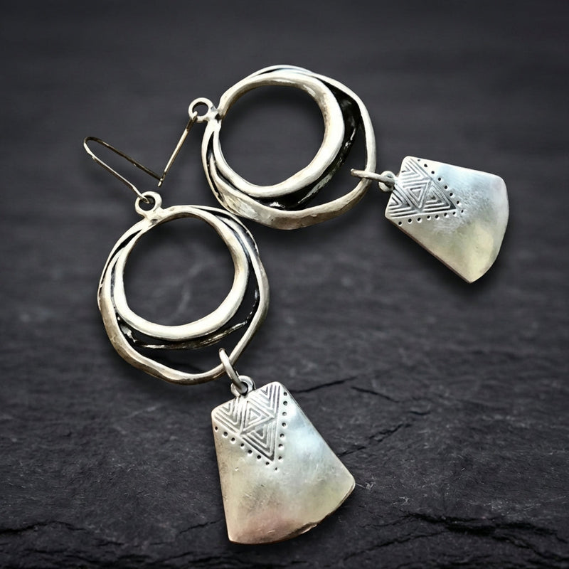 Vintage Silver Hanging Square Carving Dangle Earrings
