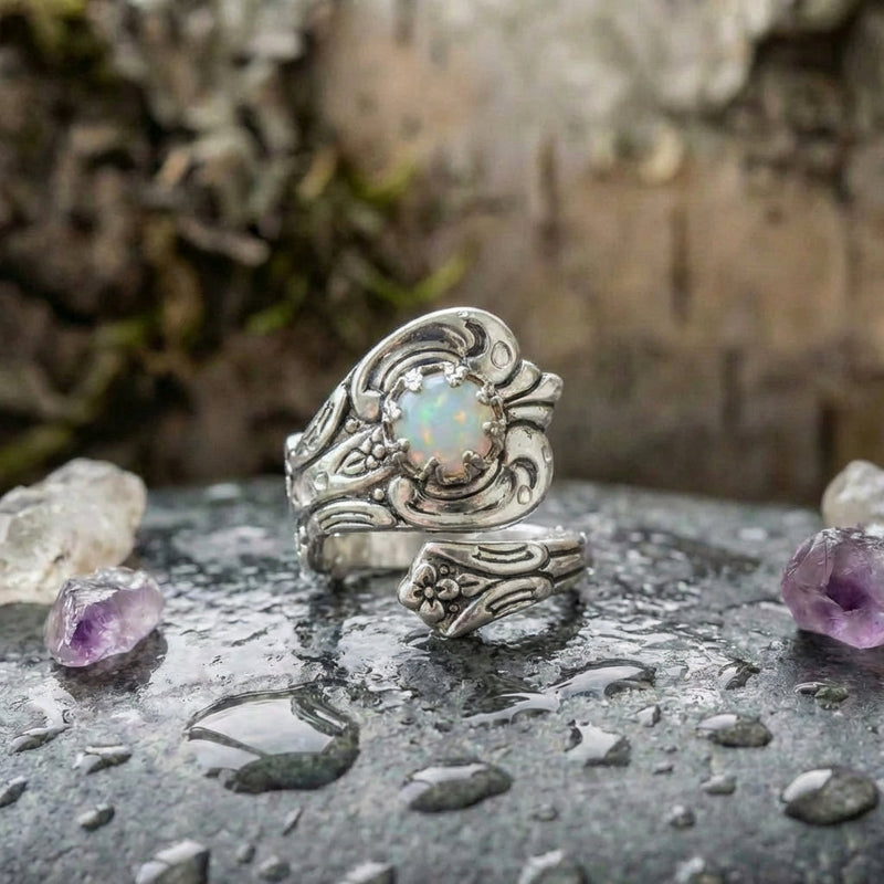 White Opal Spoon Adjustable Ring