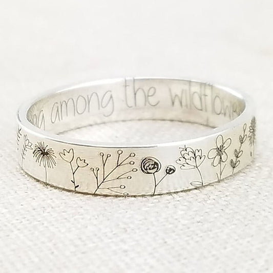 Wildflower Engraved Silver Ring