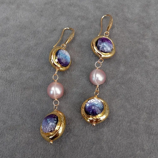 Golden Dangling Rose Pearl Earrings