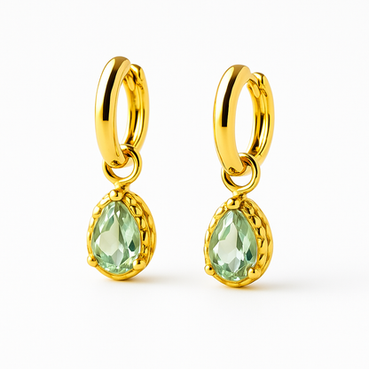 Green Amethyst Drop Hoop 14K Gold Earrings