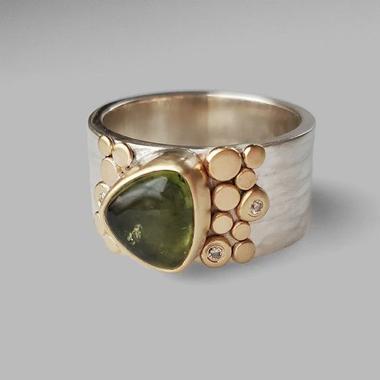 Green Olive Glass Gold & Silver Ring