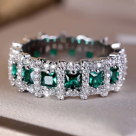 Inlaid Green Square Zirconia Silvered Ring