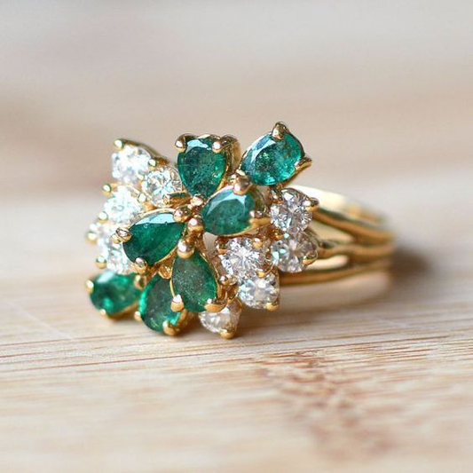 Green Crystaline Layered Gold Ring